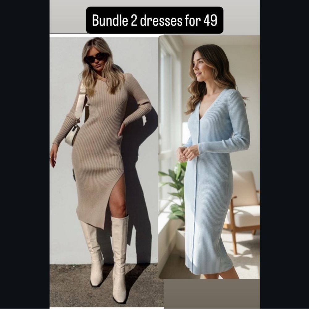 525 America Long Sleeve Ribbed Dress Set - Beige and Light Blue